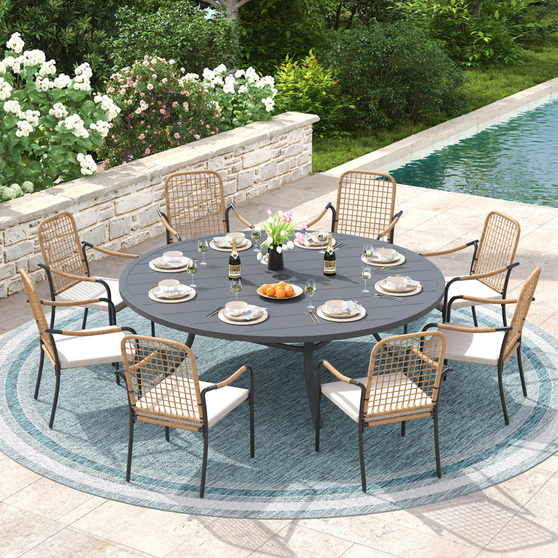 8-Person Patio Dining Set with 60" Round Dining Table and 8 Cushioned Rattan Stackable Chairs, Gray