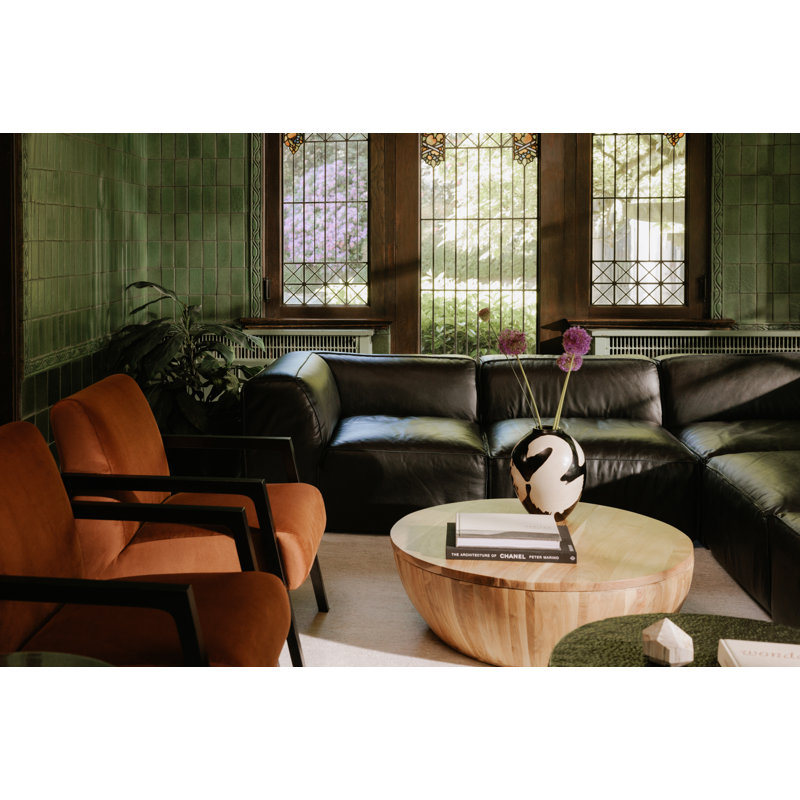 Form Astra 5 - Genuine Leather Modular Sectional with Ottoman, Black Genuine Leather, 26" H x 112" W x 102.5" D