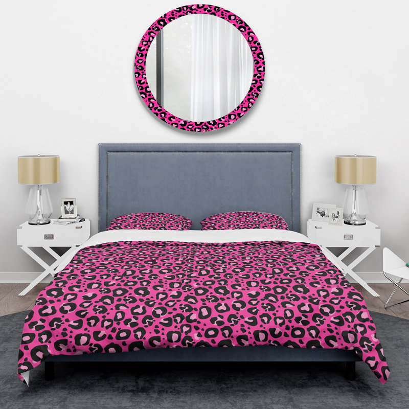 Black and Pink Leopard Pattern - Animals Duvet Cover Set - Microfiber Polyester, Twin Duvet Cover + 1 Standard Sham
