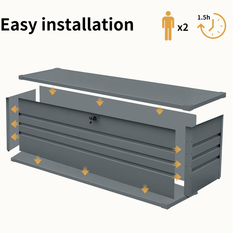 Coffre de terrasse en métal 260 gallons - imperméable et verrouillable. Très grand rangement pour patio, jardin, piscine. Gris foncé Fluctuation du temps. Option de fermeture de l'utilisateur. Conception de table polyvalente. Assemblage simple