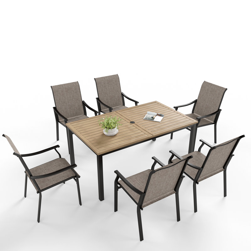 6-Person Rectangle Outdoor Patio Dining Set Wood-Like Metal Table With Chairs