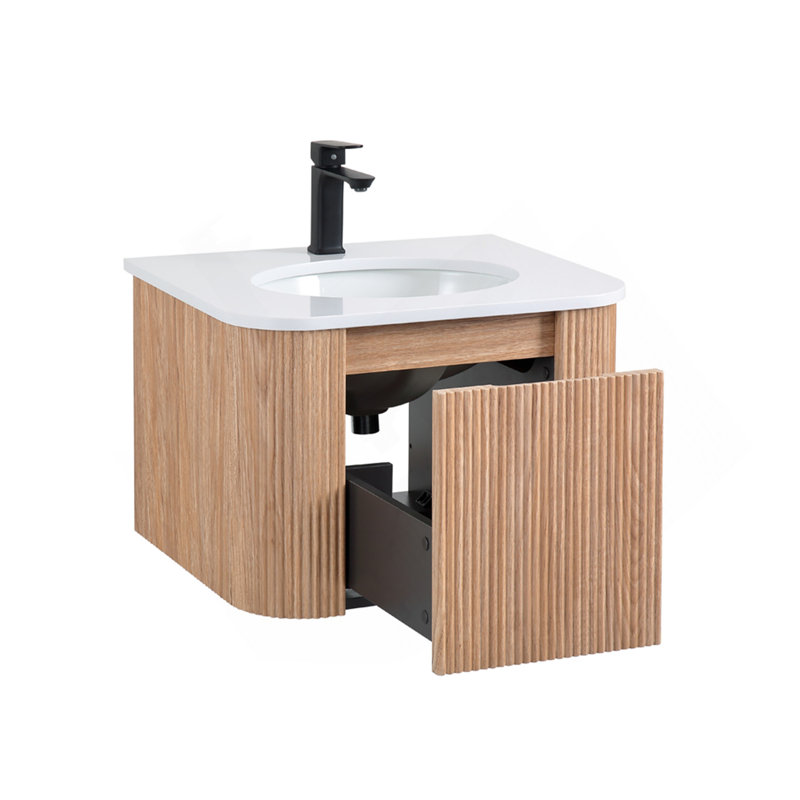 Meuble-lavabo mural 24 po avec lavabo courbé Arcora, finition bois texturé, marbre de culture intégré, meuble-lavabo flottant moderne pré-assemblé avec tiroir à fermeture en douceur