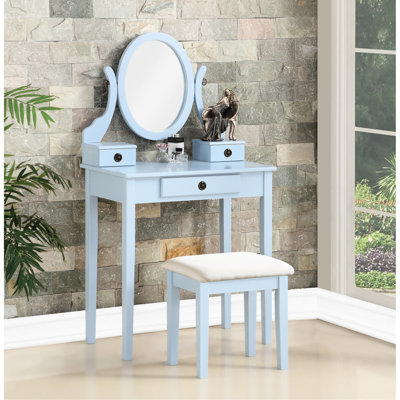 Blue Wood Vanity Table And Magnetic Stool With 3 Storage Drawers Adjustable Mirror Unbelievable