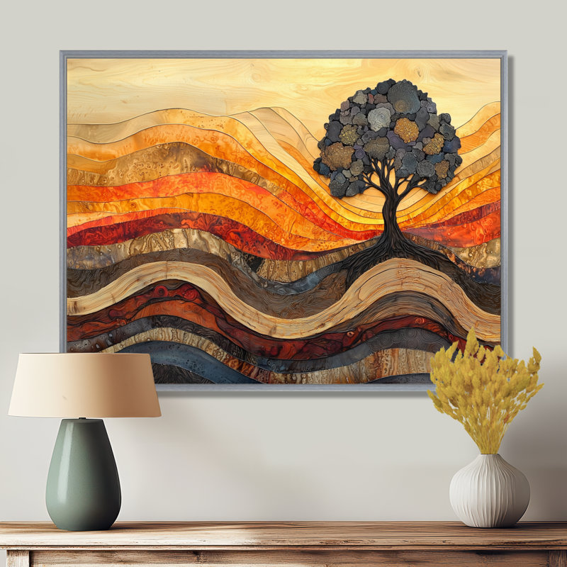 Arbre de bouleau d'automne avec racines de sérénité IV - arbre, art mural, H 30 po x l 40 po, Cadre flottant, Argent argent