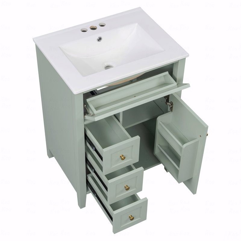 Meuble-lavabo avec lavabo, panneau de fibres à densité moyenne et bois d'hévéa, 3 tiroirs et armoire avec tablettes réglables