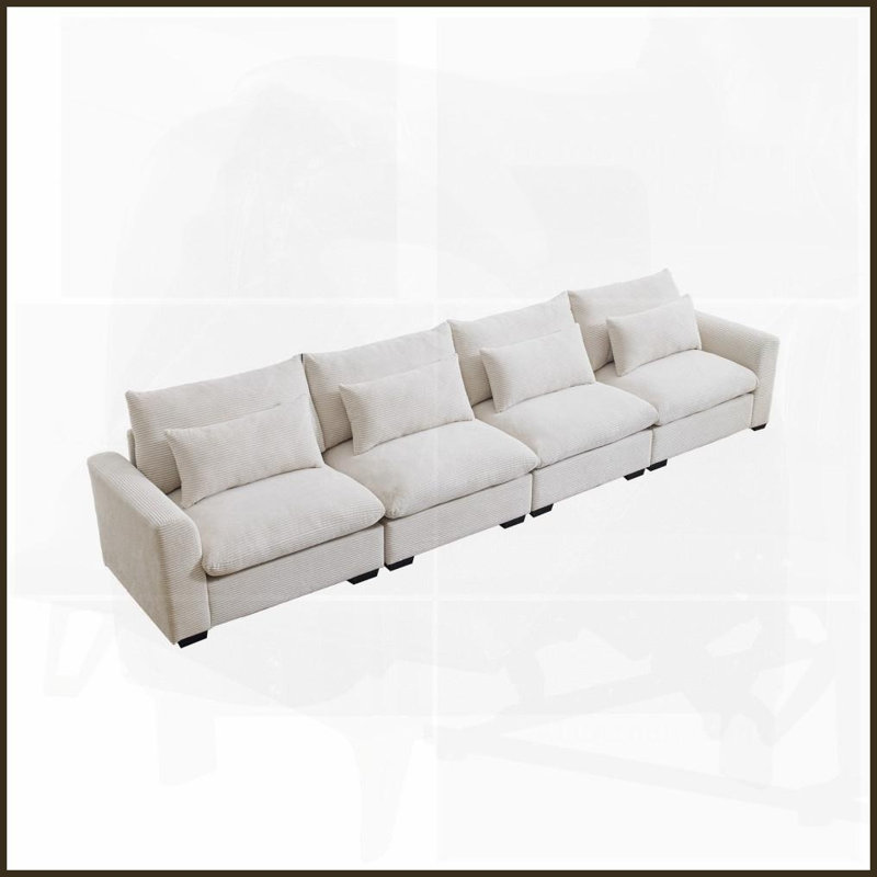 Canapé moderne en velours côtelé beige à 4 places avec 4 coussins de taille pour le salon