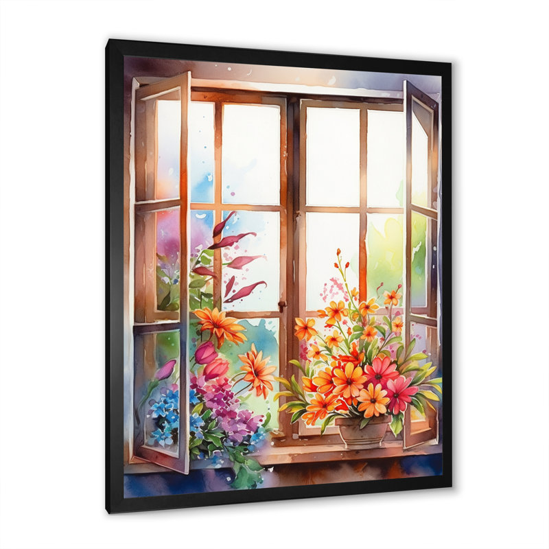 «Window Of Floral Blooms III», reproduction d'art sur toile, Cadre photo noir, H 20 po x l 12 po