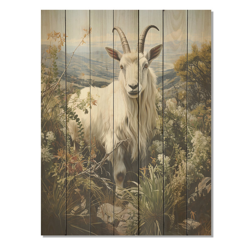 «White Meadow Buck Goat Peaks», animal de chèvre sur bois, H 44 po x l 34 po