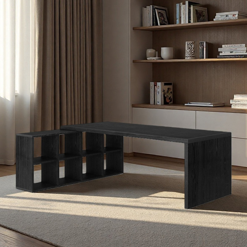 Un long bureau en bois massif noir avec armoires latérales, H 29,53 po x l 62,99 po x P 55,12 po