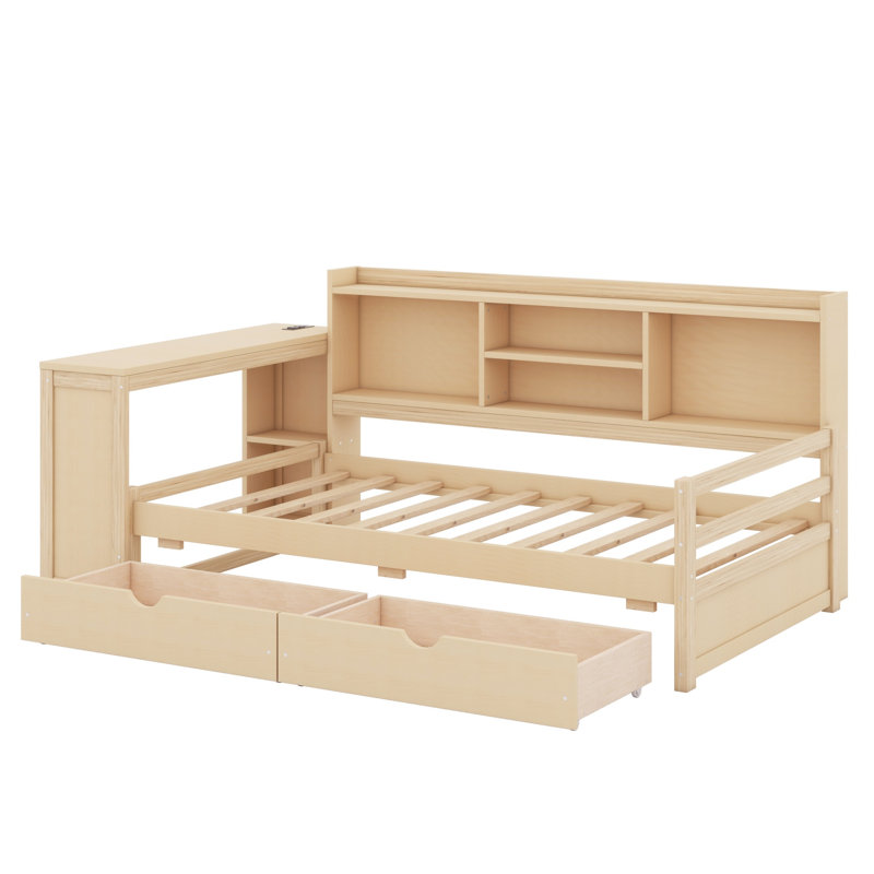 Lit de jour multifonctionnel en bois avec tiroirs de rangement, bureau intégré, port de charge et tablettes, Naturel