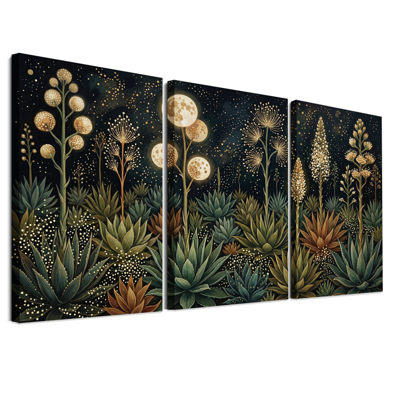 Ensemble de 3 toiles murales représentant des plantes succulentes et des lunes lumineuses sur fond sombre, 36"H x 24"W x 3pcs