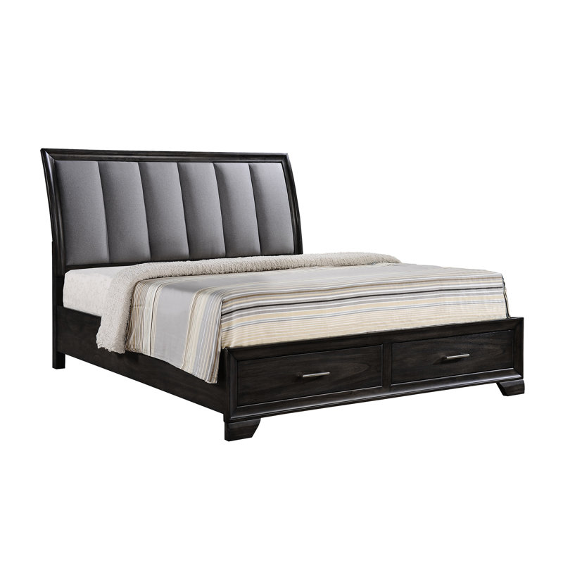 Grand lit contemporain avec tête de lit ultra rembourrée, tiroirs de rangement, finition grise, bois massif, glissières en métal, deux joints anglais