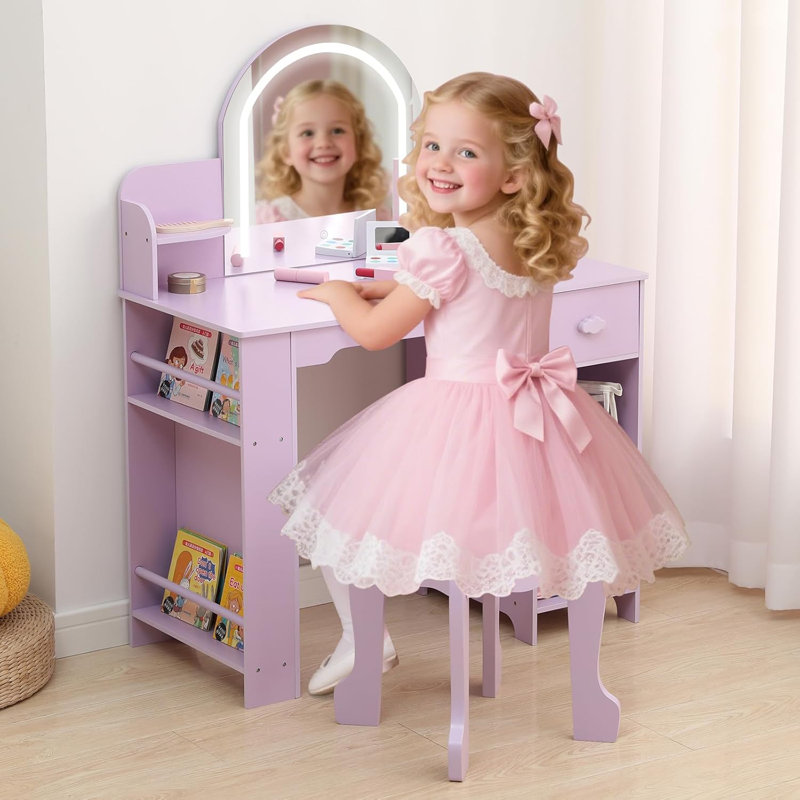 Kids Vanity with Lighted Mirror & Stool, Little Girls Vanity with Adjustable LED Light, Bookshelf, Storage Drawer & Shelves for Girls 3-9, Purple