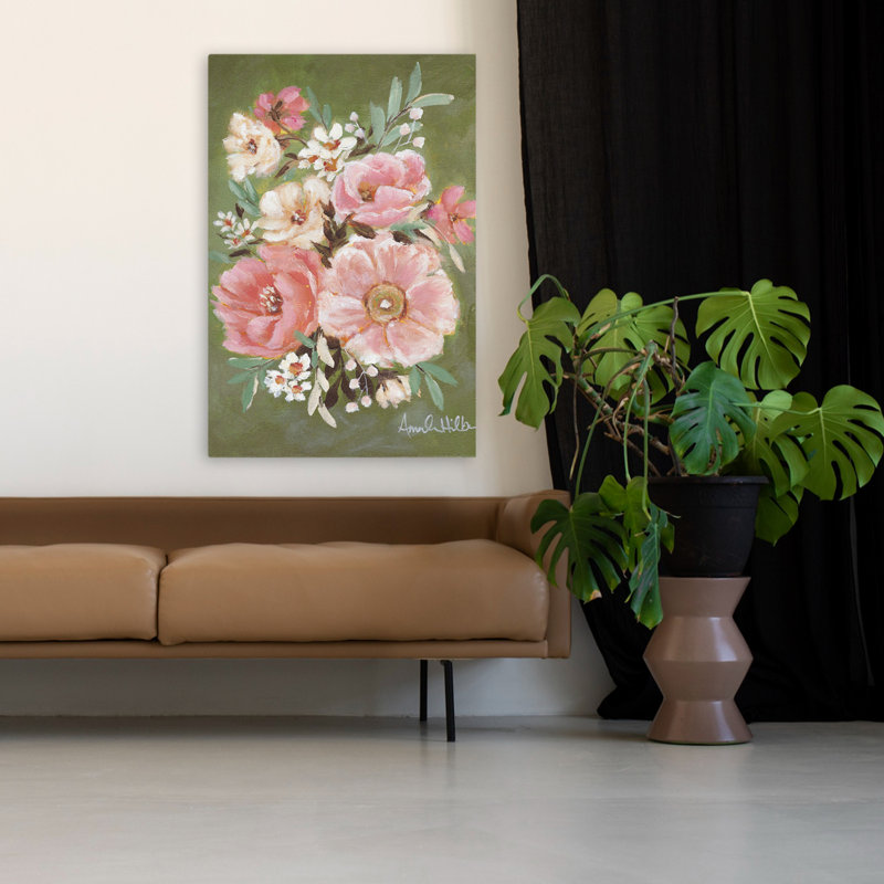 Boho Bouquet I - fleurs bohémiennes, feuilles roses, art, H 48 po x l 32 po