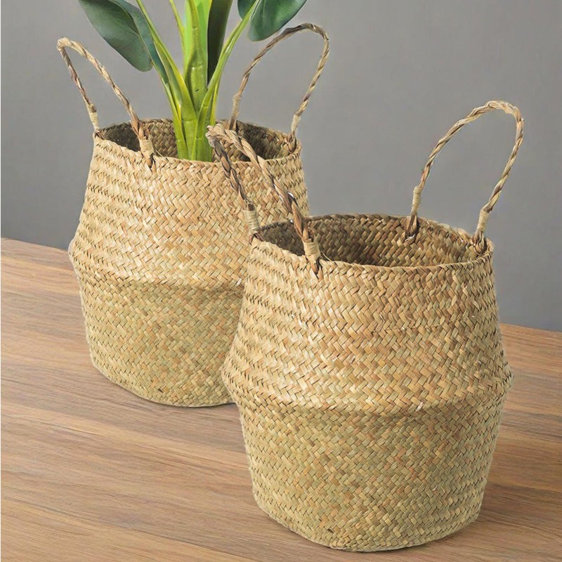 2Pcs Seagrass Belly Basket And 4 Packs Screw-In Matte Black Bathroom Towel Hook