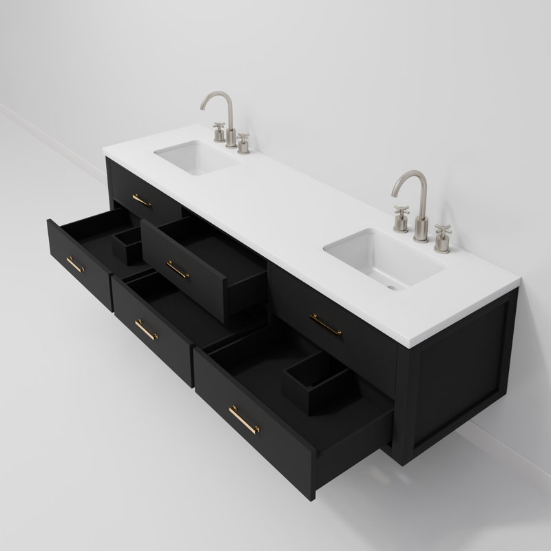 Ensemble de meuble-lavabo double 80 po, Noir, Marbre de culture blanc
