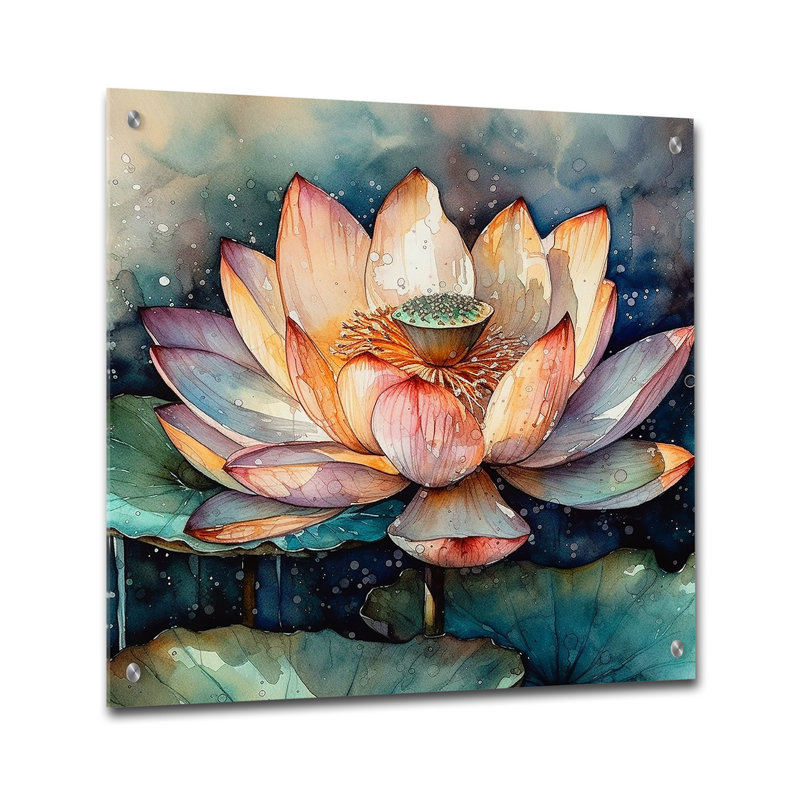 «Orange Lotus Floral Dreams I», art mural acrylique sur verre Lotus, H 16 po x l 16 po