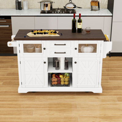 Kitchen Island with Drop Leaf, Charging Station, 2 Drawers and Adjustable Shelves
