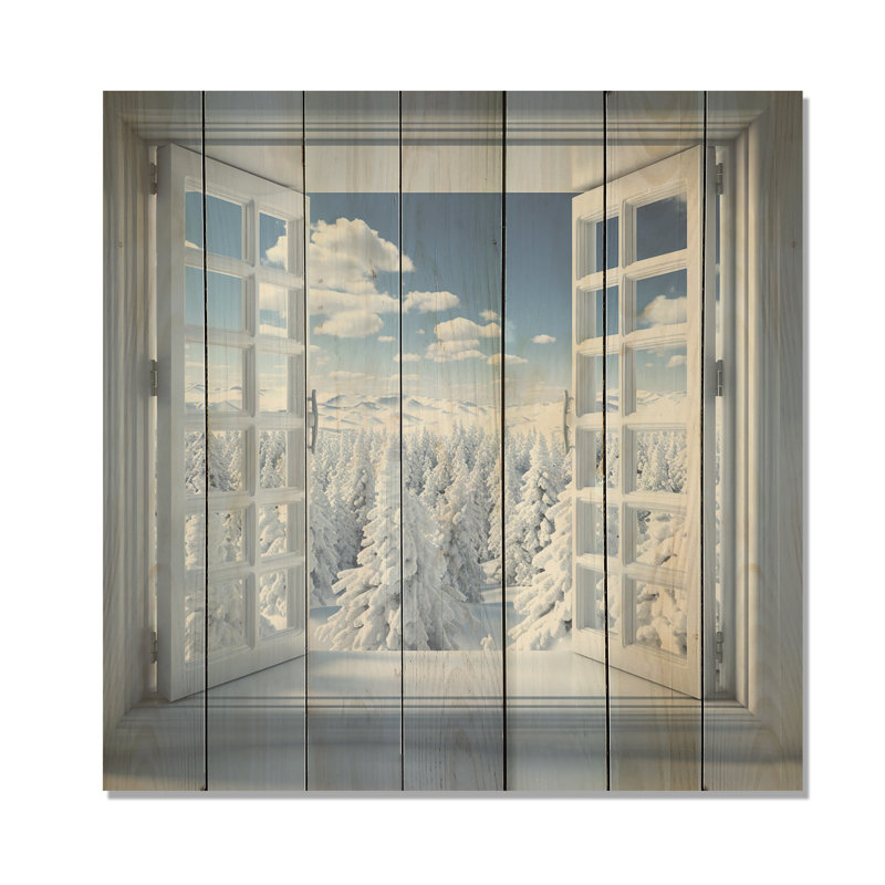 Forêt d'hiver, vue de fenêtre II - Paysage d'hiver sur bois, H 15 po x l 15 po