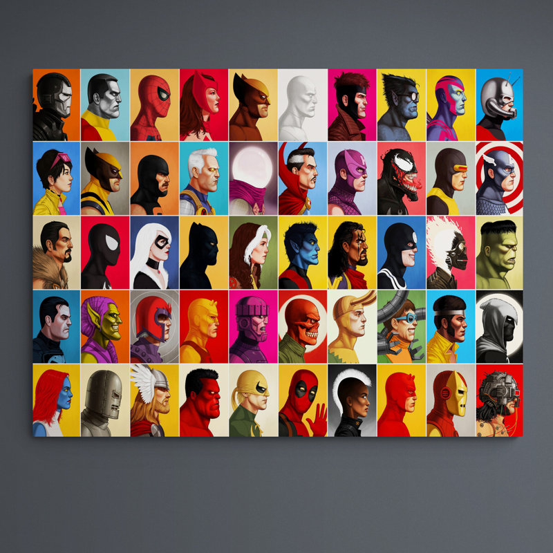 Super Heroes Characters Head Shots Illustration - Wrapped Canvas Painting, 41cm H x 81cm W