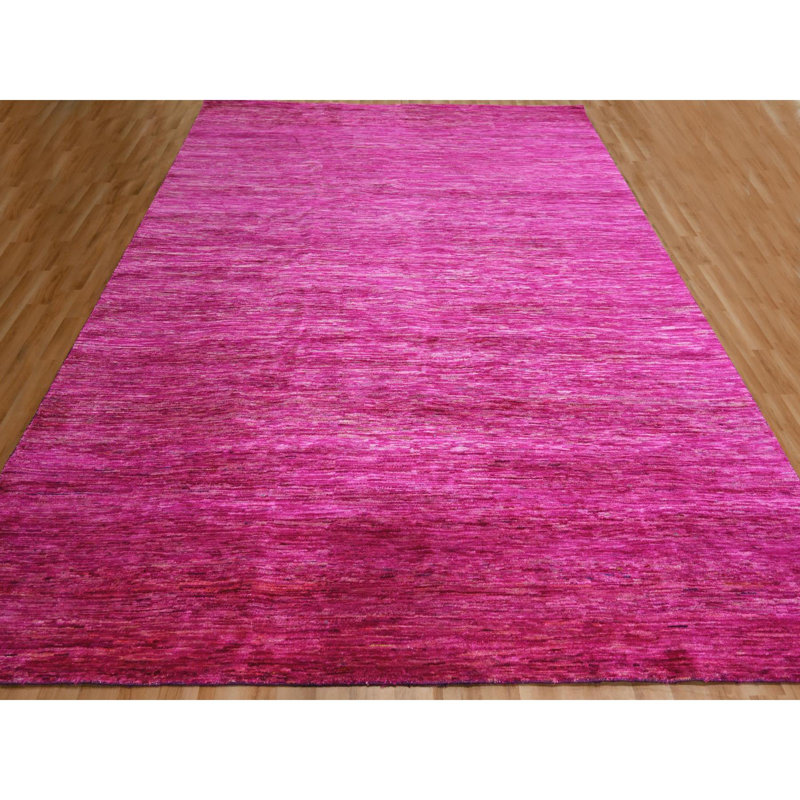 Tapis oriental rose uni 9 pi x 12 pi 3 po, soie Sari pure, noué à la main, doux au toucher, tapis oriental