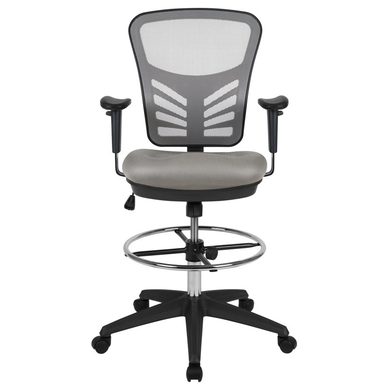 Mid-Back Mesh Ergonomic Drafting Chair with Adjustable Chrome Foot Ring, Adjustable Arms, Light Grey, Black