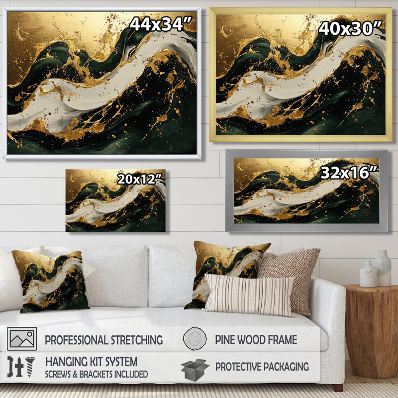 Golden Sands of Emerald Marble Shadows I - impression sur toile marbrée, H 34 po x l 44 po, Cadre flottant, Blanc