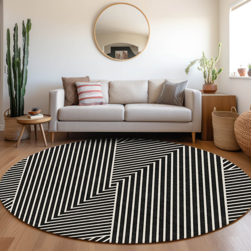 Premium Machine Washable Prisco Black Rug, Round 8'