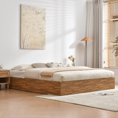 Wooden King Bed Frame with Lift Up Storage, No Box Spring Needed, Rustic Brown