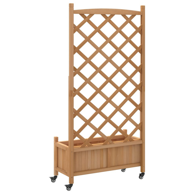 Brown Solid Fir Wood Planter with Trellis and Wheels