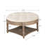 Table basse ronde avec pattes en bois - Revêtement en lin beige et blanc et rangement