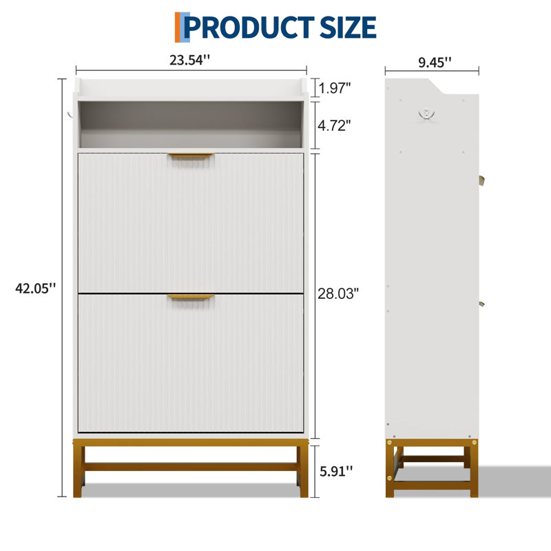 Narrow Fluted Shoe Cabinet with 2 Flip Drawers and Open Shelf, Modern Slim Shoe Storage for Entryway, White
