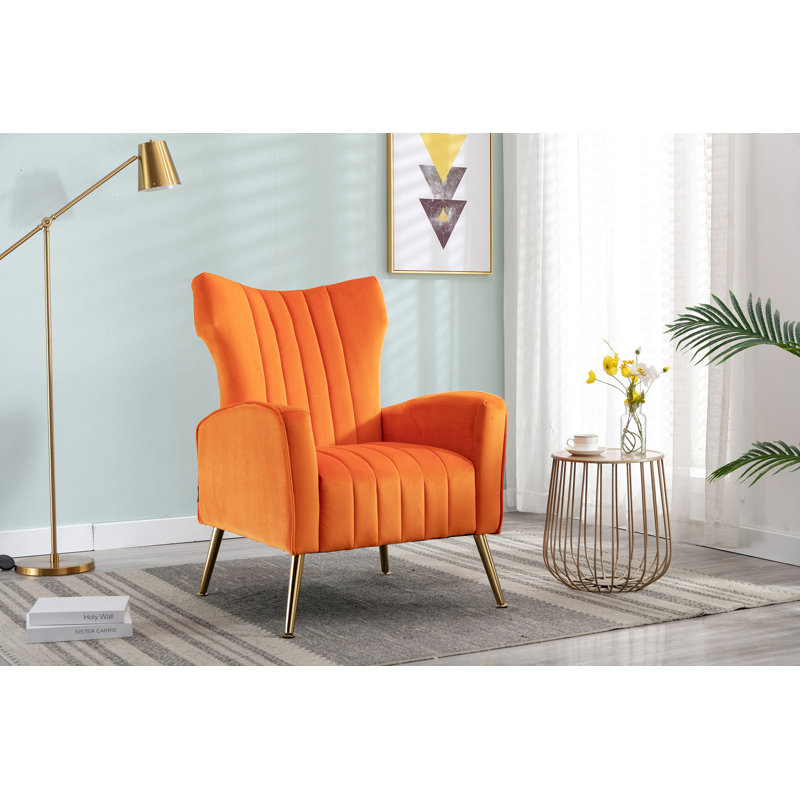 Orange Velvet Wingback Accent Chair with Gold Legs