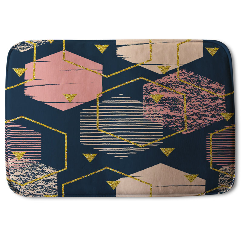 Ajeet Non-Slip Bath Rug, Navy Royal Hexagon