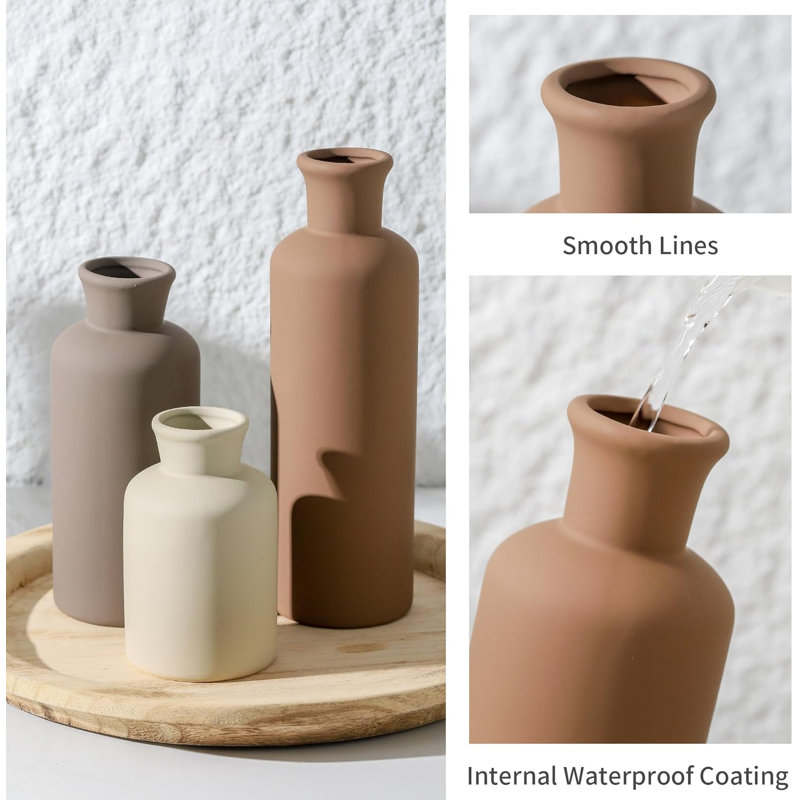 Set of 3 Brown Ceramic Vases for Table Decor