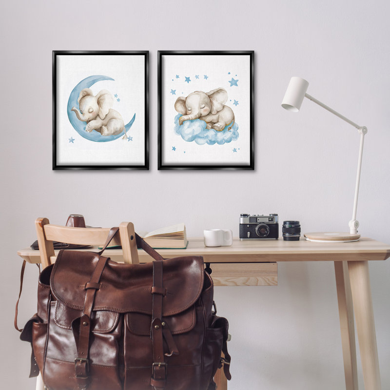 «Blue Sleepy Elephant», ensemble de 2 toiles flottantes encadrées par LSR Design Studio, Cadre flottant noir de jais