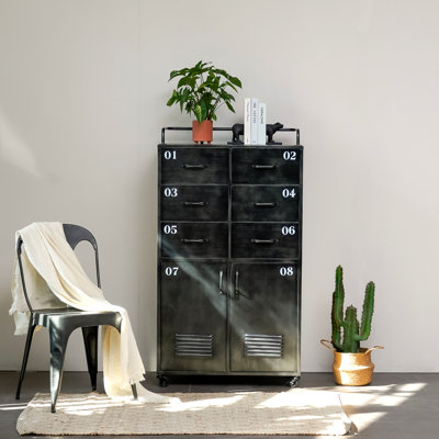 Grande console de rangement 29,53 "à 6 tiroirs 2 portes en métal de style antique