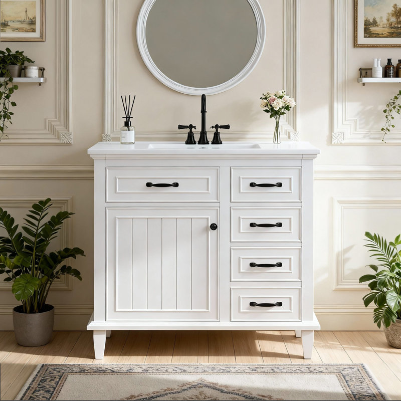 Meuble-lavabo 36 po avec plateau en céramique, tiroirs rabattables et tablette réglable, Blanc/Noir