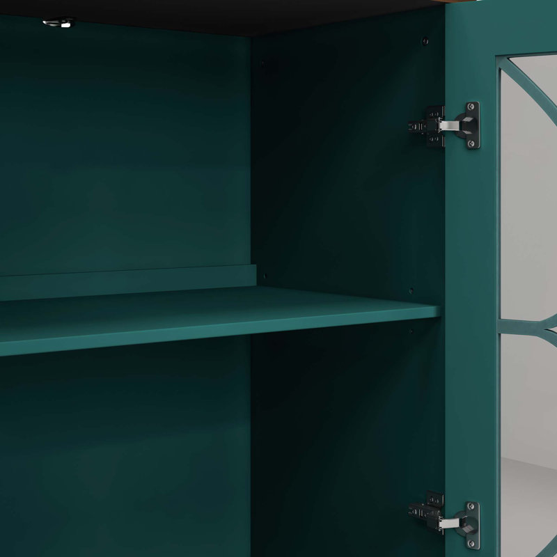 Antique Style 4-door Sideboard With Tempered Glass Doors, Adjustable Shelves And Classic Decorative Handles, Dark Green