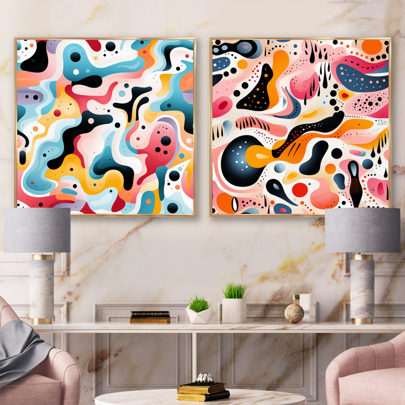 Ensemble de 2 pastels pastel Mid-Century, H 36 po x l 73 po, Cadre flottant doré