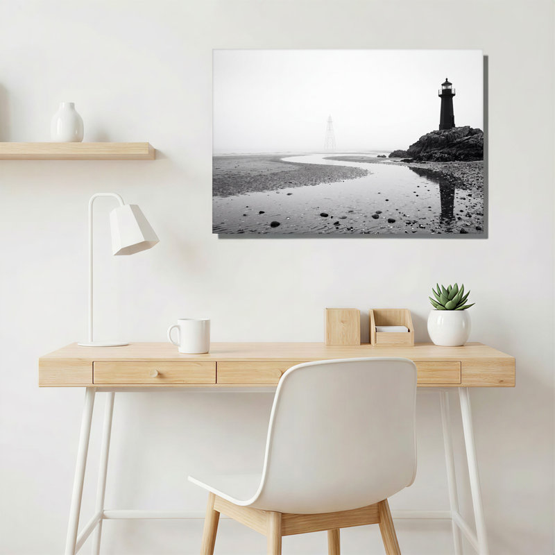 Art mural sur toile phare noir et blanc sur une côte rocheuse en brouillard, H 18 po x l 24 po