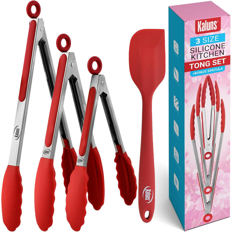 Ensemble de 4 pinces de cuisine en acier inoxydable Kaluns avec embouts en silicone, barbecue, pinces antiadhésives résistantes à la chaleur de 7, 9 et 12 pouces avec poignée verrouillable et spatule en silicone