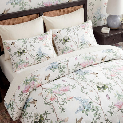 Floral Duvet Cover King Size - 3 Pieces Soft & Breathable 100% Cotton Duvet Cover Set with Zipper Closure, Pink Floral Green Botanical Print Cottage Core Bedding Set for Everyday Use