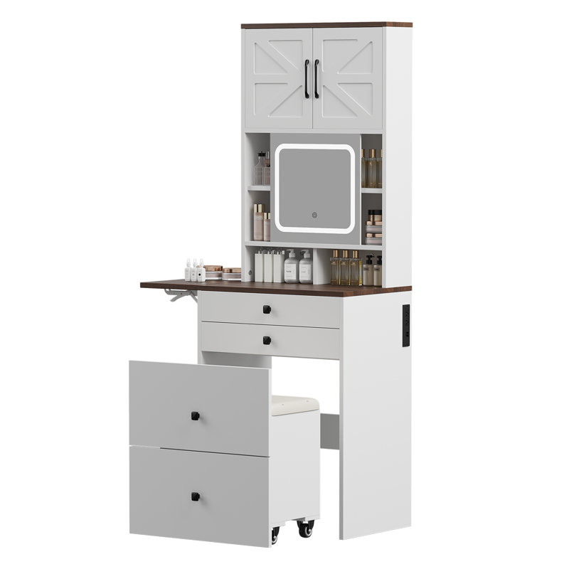 Make Up Vanity Desk With Mirror And Lights, White Vanity Table Set With Charger Station And Cabinet