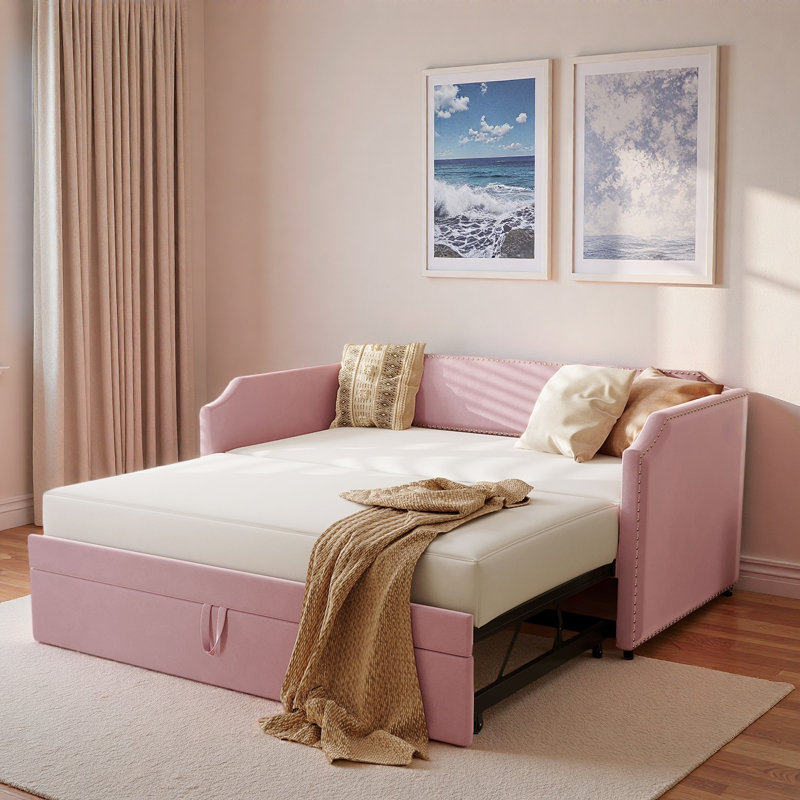 Upholstered Daybed With Pop Up Trundle And Nail Head Decoration, Pink