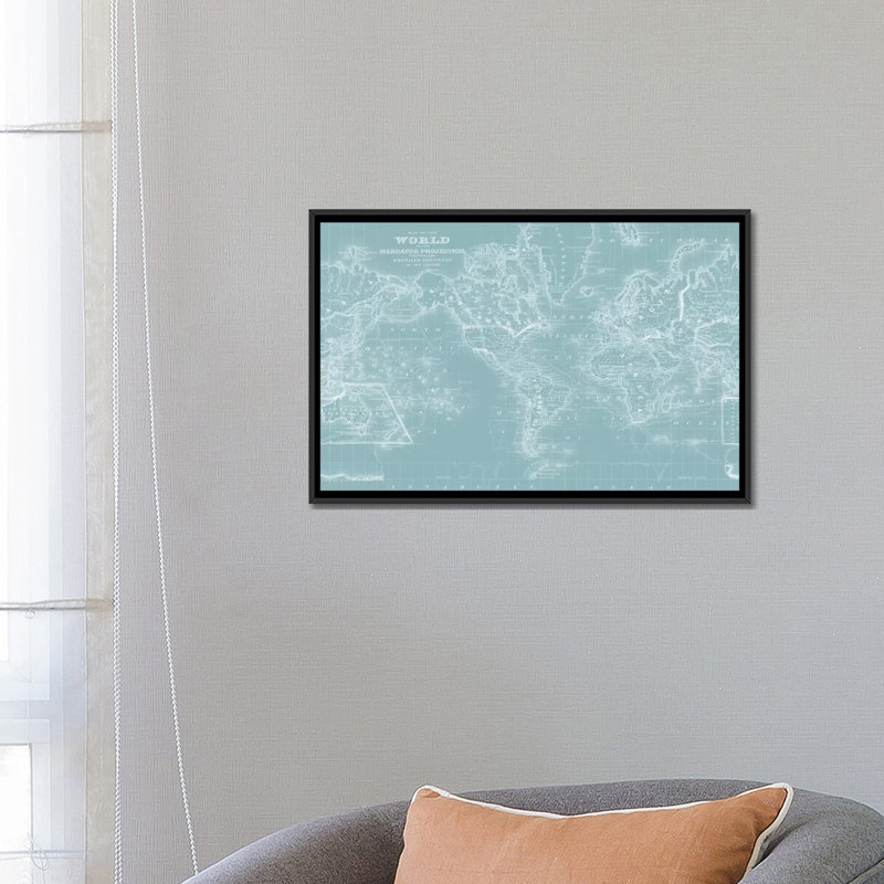 « world map on aqua », impression sur toile, H 18 po x l 26 po x P 1,5 po, Toile avec cadre noir, Pas de tapis