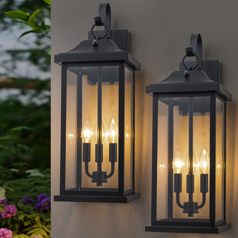 22” 2 Pack Large Matte Black Dusk To Dawn Outdoor Wall Lights With Clear Tempered Glass
