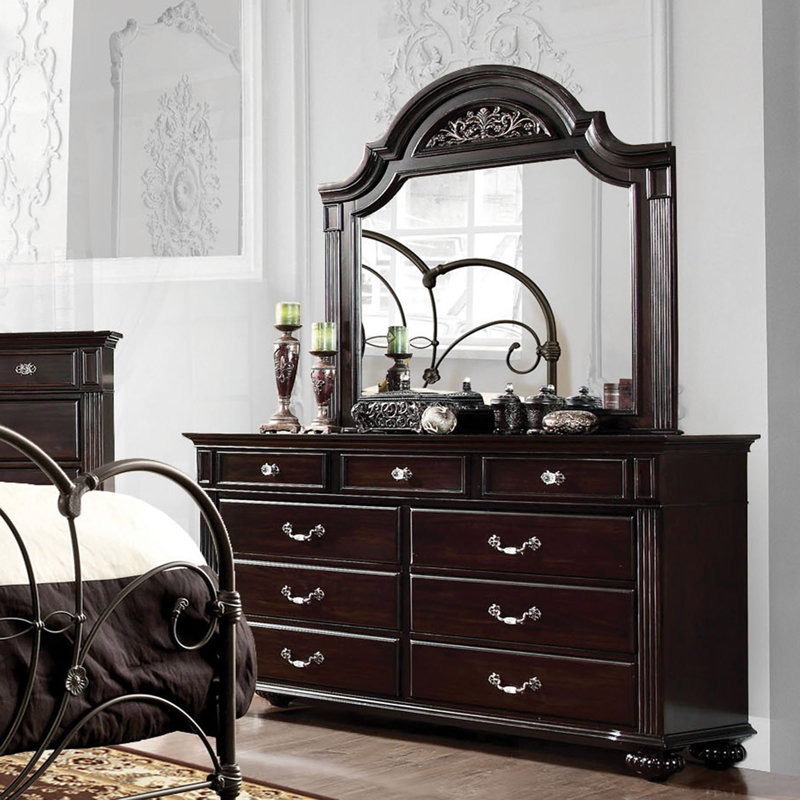 Commode 9 tiroirs avec miroir Aime Wesleyan, Noyer foncé