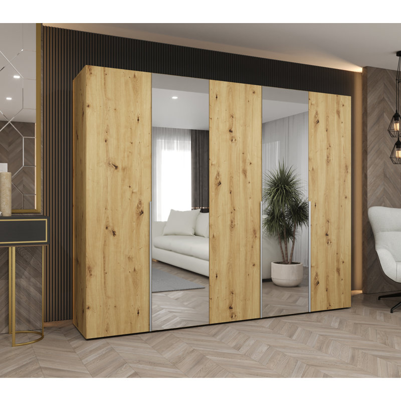 Wardrobe Cante 2, Mirror, Standard Doors, 202 H x 250 W x 52 D, artisan oak + handles: cashmere