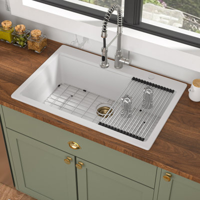 Évier de cuisine Quartz Workstation L 33 po x l 22 po encastré noir avec accessoires